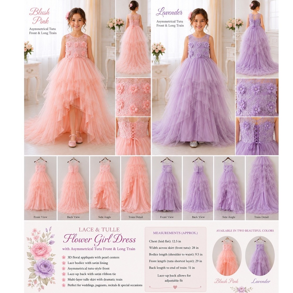 Girls Blush Pink High Low Flower Girl Dress Lace Tulle Pageant Wedding Train - Picture 10 of 10